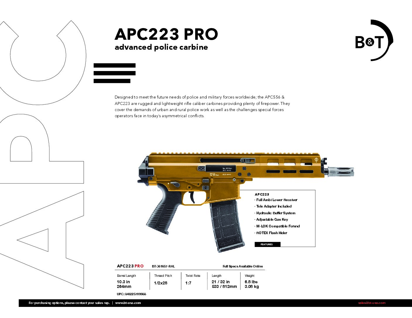 B&T APC223 PRO 10.3” Pistol in RAL8000 with full length KSK Handguard ...