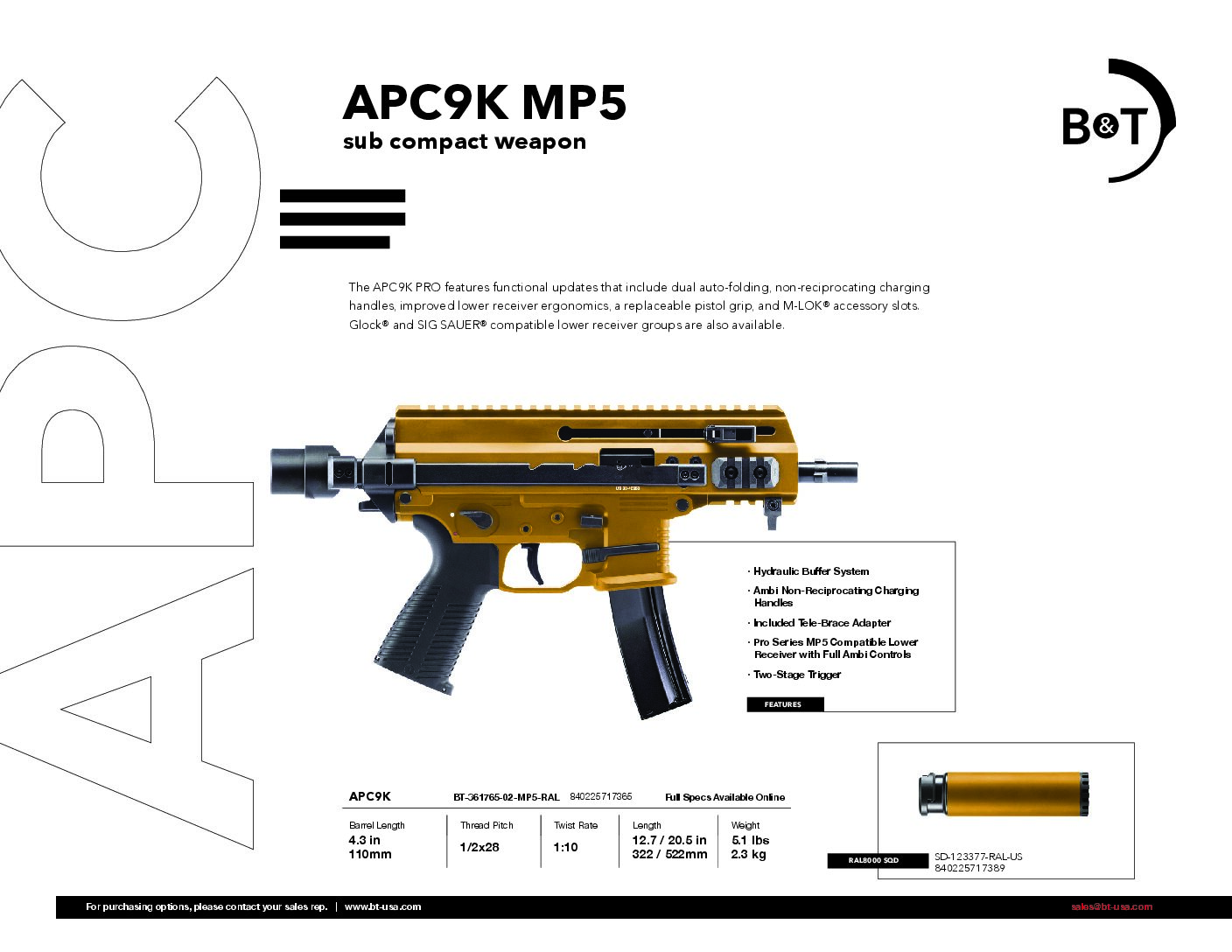 B&T APC9K MP5 Lower Model in RAL8000 Suppressor Bundle + Telescopic ...