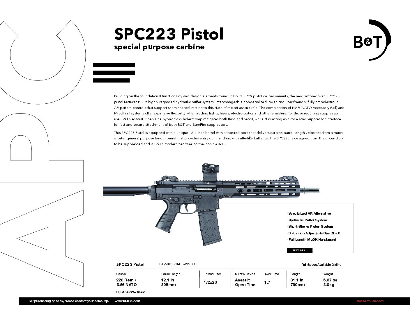 B&T SPC223 Pistol 12.1” Barrel Cal. .223 Rem./5.563x45mm BT-500290-US ...