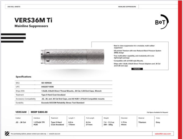B&T VERS36 M TI Modular Multi Cal (Print-X) Suppressor:  .36 Cal, 5.56 End Caps